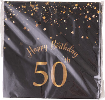 Funny Fashion Verjaardag feest servetten - leeftijd 50 jaar - 20x stuks - zwart/goud - 33 x 33 cm