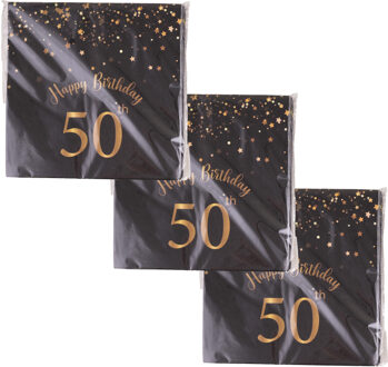 Funny Fashion Verjaardag feest servetten - leeftijd 50 jaar - 60x stuks - zwart/goud - 33 x 33 cm