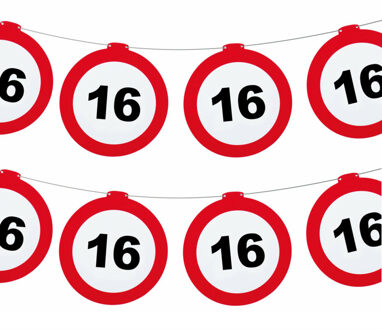 Funny Fashion Verjaardag feestslinger 16 jaar - 2x - papier - verkeersborden - 120 x 21 cm - Sweet sixteen