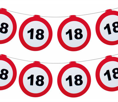 Funny Fashion Verjaardag feestslinger 18 jaar - 2x - papier - verkeersborden - 120 x 21 cm