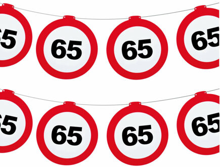 Funny Fashion Verjaardag feestslinger 65 jaar - 2x - papier - verkeersborden - 120 x 21 cm