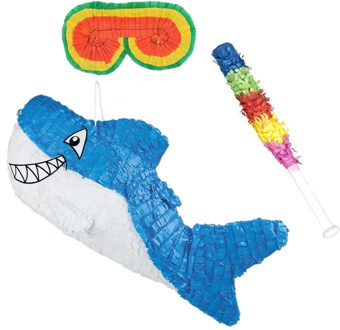Funny Fashion Verjaardag Pinata blauwe haai van 60 cm set met stok en masker