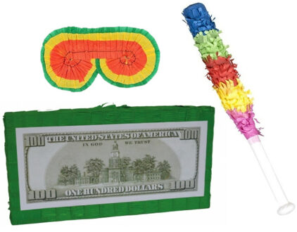 Funny Fashion Verjaardag Pinata Dollar biljet van 50 cm set met stok en masker - Pinatas Groen