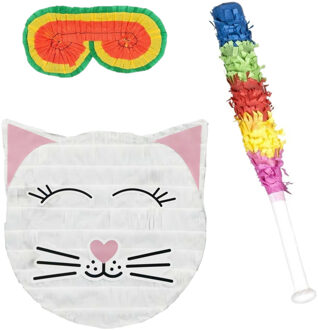 Funny Fashion Verjaardag Pinata Kat/poes - 33 x 34 cm - set met stok en masker - Pinatas