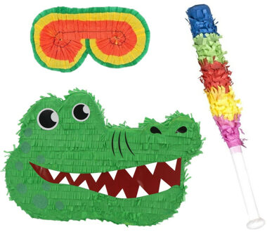 Funny Fashion Verjaardag Pinata Krokodil van 42 cm set met stok en masker - Pinatas Groen