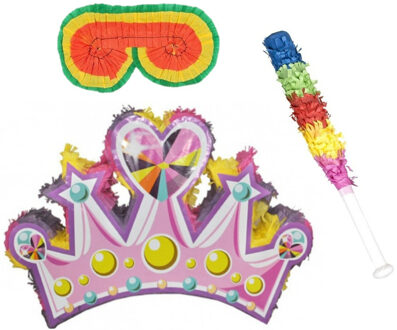 Funny Fashion Verjaardag Pinata Prinsessen kroon van 61 cm set met stok en masker - Pinatas Roze