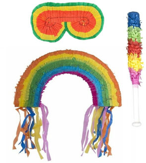 Funny Fashion Verjaardag Pinata Regenboog van 56 cm set met stok en masker - Pinatas Multikleur