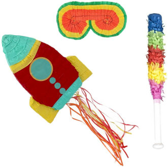 Funny Fashion Verjaardag Pinata Space raket van 43 cm set met stok en masker - Pinatas Multikleur