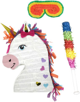 Funny Fashion Verjaardag Pinata Unicorn/eenhoorn - 42 x 30 cm - set met stok en masker - Pinatas