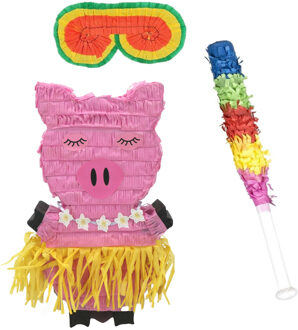 Funny Fashion Verjaardag Pinata Varken - 42 x 26 cm - set met stok en masker - Pinatas