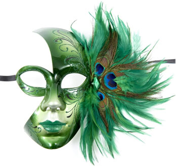 Funny Fashion Verkleed gezichtsmasker Venitiaans - groen met pauwenveren - volwassenen - Carnaval/gemaskerd bal