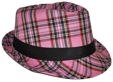 Funny Fashion Verkleed hoed Schotse ruit - roze - Al Capone model - Trilby hoed/gleufhoed - gangster/maffia thema
