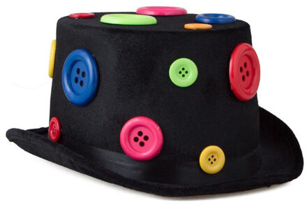 Funny Fashion Verkleed hoge hoed - zwart met knopen - volwassenen - clownshoed - Carnaval