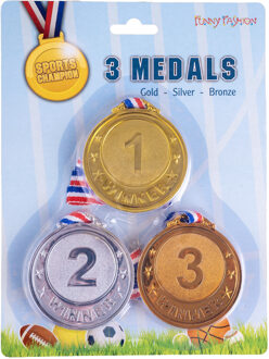 Funny Fashion Verkleed medailles met lint - 3x - goud/zilver/brons - kunststof - 6 cm - speelgoed