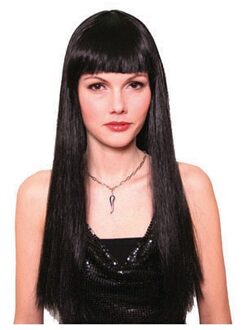 Funny Fashion Verkleedpruik - zwart - pruik met pony en lang stijl haar - Morticia