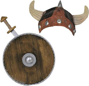 Funny Fashion Viking verkleed accessoire set met helm zwaard en schild - Verkleedattributen Goudkleurig