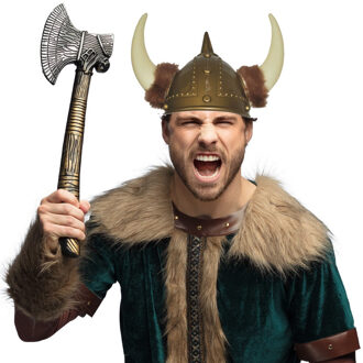 Funny Fashion Viking verkleedkleding set - 2 delig - heren - helm met hoorns - Hakbijl van 47 cm - kunststof