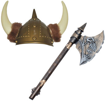 Funny Fashion Viking verkleedkleding set - 2 delig - heren - helm met hoorns - Hakbijl van 68 cm - kunststof