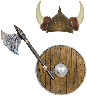 Funny Fashion Viking verkleedkleding set - 3 delig - heren - helm met hoorns - Schild - Hakbijl van 68 cm