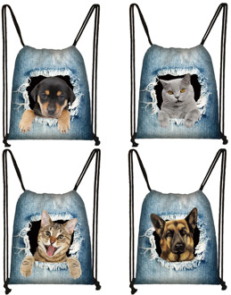 funny puppy dog / kitten cat print drawstring bag women fashion storage bag ladies shopping bags teenager boys girl backpack