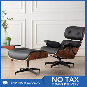 Furgle Black Leather Armchair Replica Lounge Chair with Ottoman Palisander/Sandal Chaise Classic Real Leather Lounge Chair