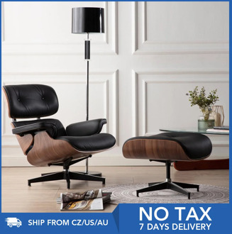 Furgle Black Leather Armchair Replica Lounge Chair with Ottoman Walnut wood Chaise Classic Lounge Chair Real Leather