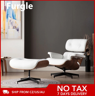 Furgle Classic Style Chaise Chair Black Walnut Color with White Leather Modern Lounge Chair with Ottoman for Office Living Room