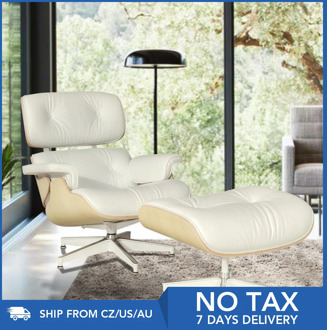 Furgle White Leather Armchair Replica Lounge Chair with Ottoman Cream Ashwood Chaise Classic Real Leather Lounge Chair