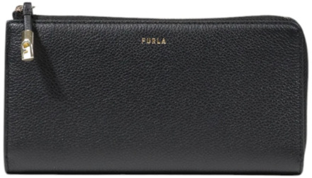 FURLA Zwarte leren ritsportemonnee met handtastdetail Furla , Black , Dames - ONE Size