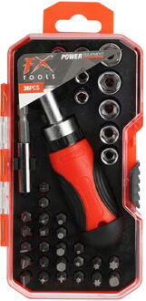 FX Tools Ratelschroevendraaier - doppenset - 36-delig - verlengstuk/doppen/bits - schroevendraaier