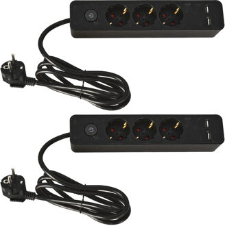 FX Tools Stekkerdoos 3-voudig en 2x USB - met randaarde en schakelaar - zwart - snoer van 140 cm