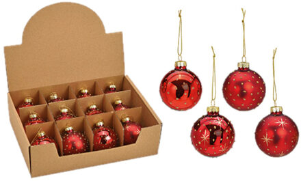 G. Wurm Kerstballen set - 12x stuks - glas - rood - gedecoreerde - 6 cm - kerstversiering - Kerstbal