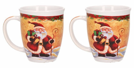 G. Wurm Kerstmok kerstman met cadeautjes - 2x - keramiek - 300 ml - koffie/thee mok - kerstversierin