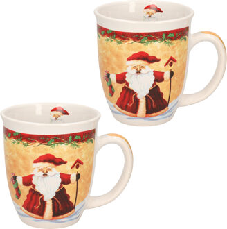 G. Wurm Kerstmok kerstman met kerstsok - 2x - keramiek - 300 ml - koffie/thee mok - kerstversiering