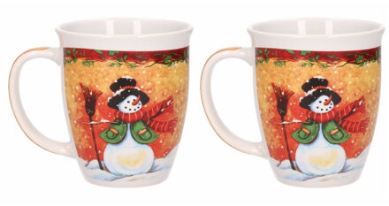G. Wurm Kerstmok sneeuwpop met hoed - 2x - keramiek - 300 ml - koffie/thee mok - kerstversiering