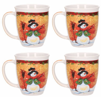 G. Wurm Kerstmok sneeuwpop met hoed - Set van 4x stuks - keramiek - 300 ml - koffie/thee mok - kerst