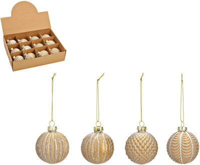 G. Wurm luxe gedecoreerde kerstballen - 12x stuks - champagne - glas - 6 cm - Kerstbal Champagnekleurig