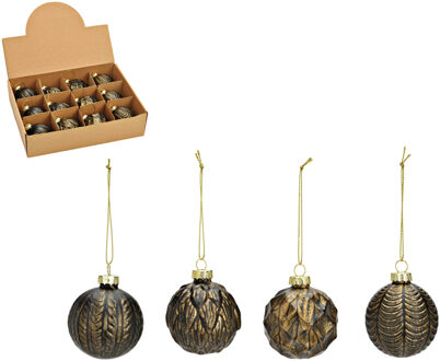 G. Wurm luxe gedecoreerde kerstballen - 12x stuks - zwart / goud - glas - 6 cm - Kerstbal