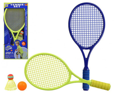 Game on Sport Tennisset/badmintonset voor kinderen blauw/groen met bal en shuttle 46 cm - Badmintonsets Multikleur