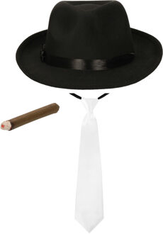 Gangster/Maffia/Capone verkleed set hoed - zwart - met witte stropdas en nep sigaar
