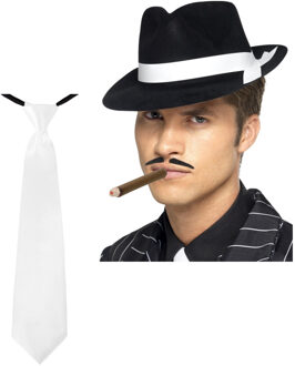 Gangster/Maffia/Capone verkleed set hoed - zwart - met witte stropdas en sigaar