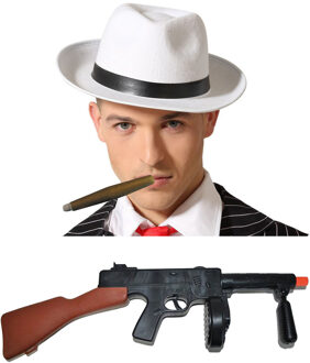 Gangster/maffia/roaring Twenties verkleed set - gleufhoed wit - met dikke sigaar en machinegeweer
