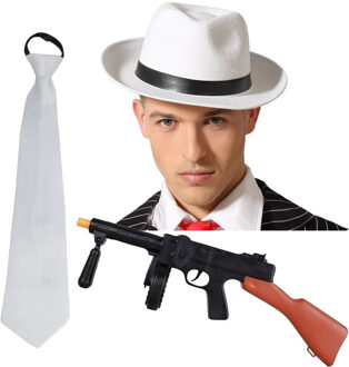 Gangster/maffia/roaring Twenties verkleed set - gleufhoed wit - stropdas en machinegeweer