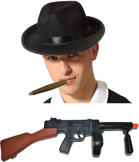 Gangster/maffia/roaring Twenties verkleed set - gleufhoed zwart - met dikke sigaar en machinegeweer
