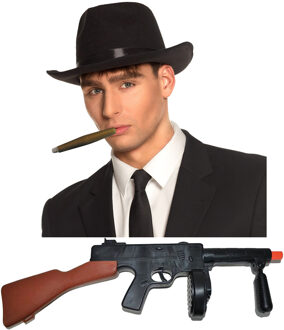 Gangster/maffia/roaring Twenties verkleed set - gleufhoed zwart - met dikke sigaar en machinegeweer