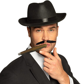Gangster/Maffia/Roaring Twenties verkleed set - gleufhoed zwart - met dun snorretje - Dikke sigaar