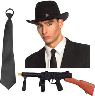 Gangster/maffia/roaring Twenties verkleed set - gleufhoed zwart - stropdas en machinegeweer