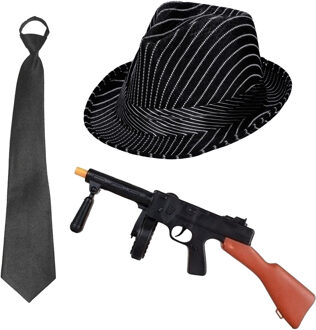 Gangster/maffia/roaring Twenties verkleed set - gleufhoed zwart - stropdas en machinegeweer
