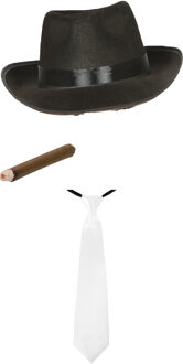 Gangster/Maffia verkleed set hoed - zwart - met witte stropdas en sigaar
