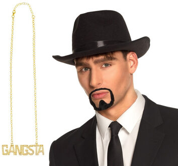 Gangster verkleed set - 3 delig - heren - zwarte hoed - ketting Gangsta - nep snor/baard